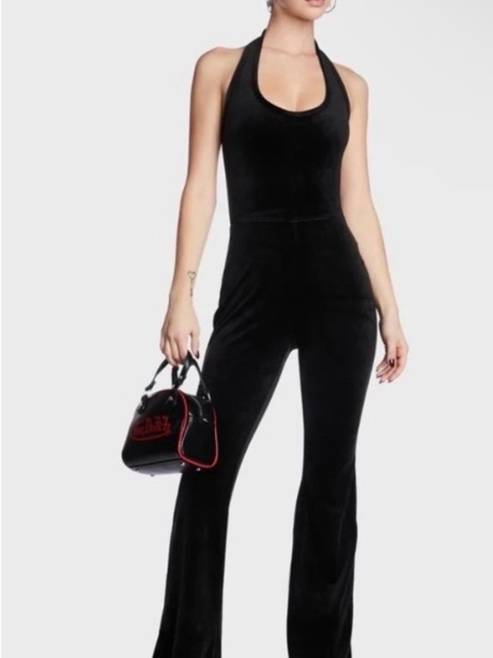 Juicy Couture 2000s Black Velour Halter Jumpsuit with Rhinestone Logo